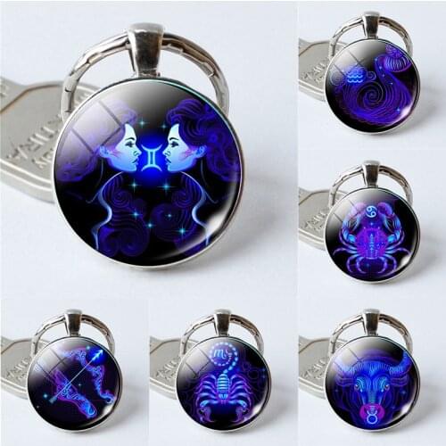 DIY Zodiac Sign Keychain 12 Constellation Leo Virgo Libra Scorpio Sagittarius Pendant Double Face Keyring Key Holder Birthday