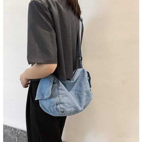 Teenager Vintage Denim Fabric Handbag 2020 Women Student Unisex Jeans Soft High Street Style Casual Messenger Hobo Boston Bag