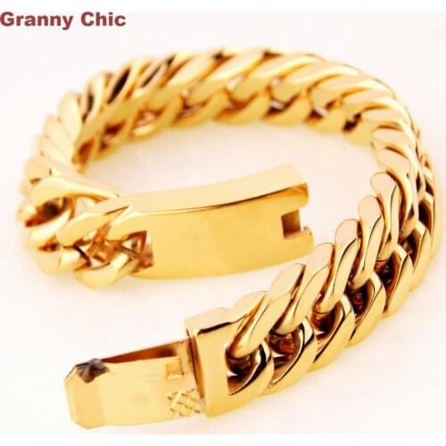 Granny Chic Mens 15mm Rock Roll Hip Hop Style Gold Color Stainless Steel Heavy Wide Link Chain Bracelet 8.66"