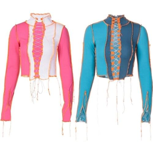 Women Long Sleeve Turtleneck Ribbed Knit Crop Top Color Block Distressed Tassels Slim T-Shirt Sexy Hollow Out Crisscross