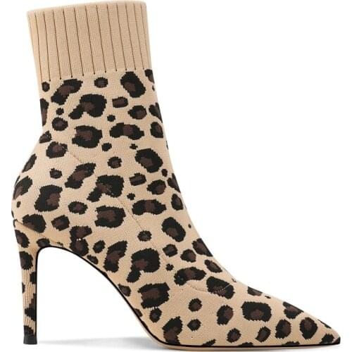 Women Leopard Dot Knitted Cloth Sock Boots Pointed Toe Slip on Stretch Boots Thin high heels Winter Plush Short Booties