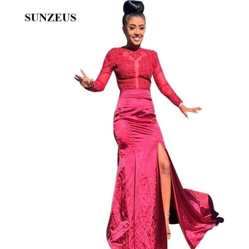 2019 Prom Dresses Red Mermaid Long Sleeves Appliques Party Gowns With Side Slit Sweep Train Satin Sexy Women Long Gowns