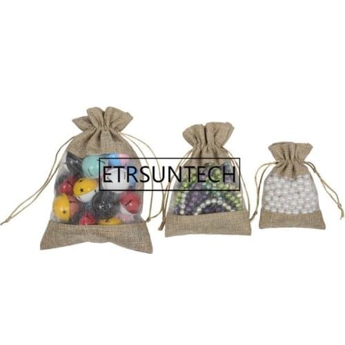 200pcs Rustic Small Natural Burlap Lace Favor Bags Jute Linen Wedding Gift Bags Pouch Gauze Candy Bags