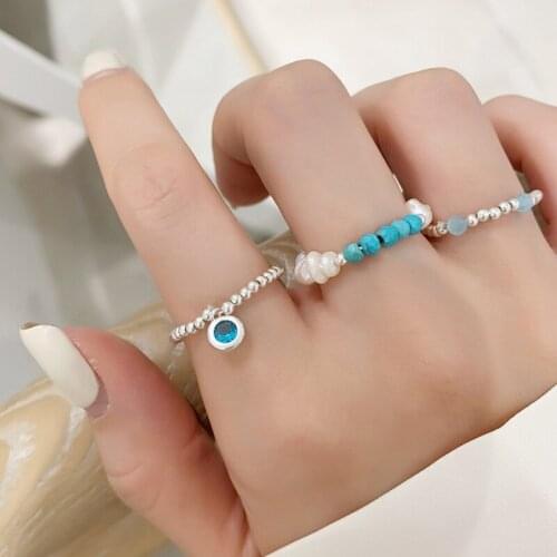 2021 Trend New Blue Crystal Beaded Ring Baroque Freshwater Pearl Elastic Ring Women Fashion Jewelry Party Decoration