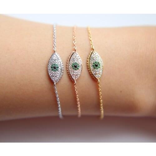 2021 Turkish evil eye bracelet +AAA green cz paved fatima evil eye shape charm link chain 925 sterling silver bracelet for women