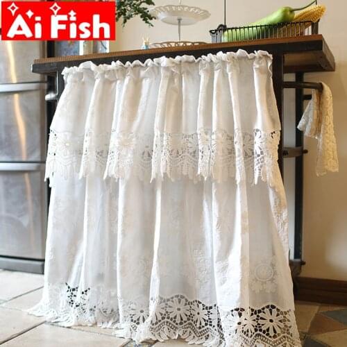 American Luxury two layers hollow lace tulle for bay windows pure white cotton curtain fabrics for kitchen short curtain QT042#4