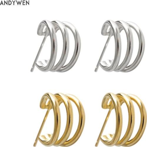 ANDYWEN 925 Sterling Silver 9mm Three Circle Open Hollow Hoops Circle Women Piercing Rock Punk Women Luxury Party Jewelry