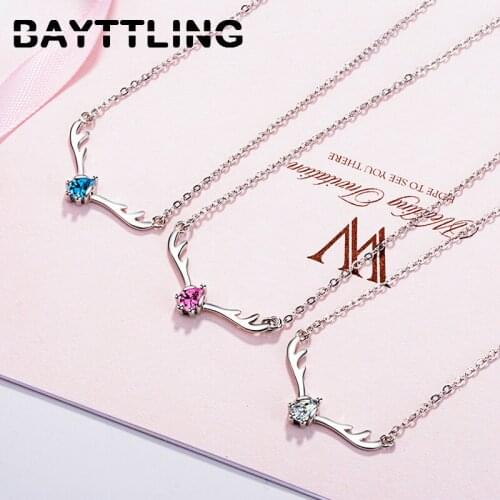 BAYTTLING 925 Sterling Silver Fine Blue & Pink Zircon Color Elk Pendant Necklace For Fashion Women Wedding Jewelry Gifts