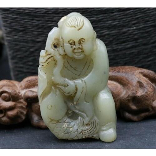 Big Treasure Chinese Vintage Hetian Jade Lucky Boy w RUYI FISH Totem Carving Amulet Timestown