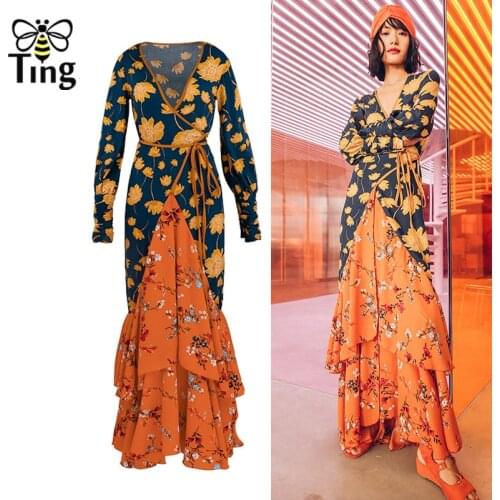 Tingfly Boho V neck Print Floral Maxi Long Dress Lady Color Patchwork Ruffles Maxi Party Dresses Vintage Zaful Designer Vestidos