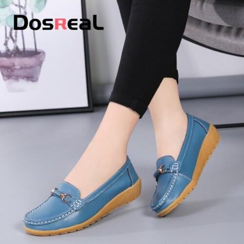 Dosreal Women Cow Leather Loafers Shoes Ladies Metal Buckle Flats Shoes Spring Comfortable Slip-on Footwear For Female Plus Size