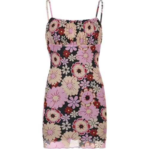 Double-layer mesh print contrast color sexy slim suspender dress