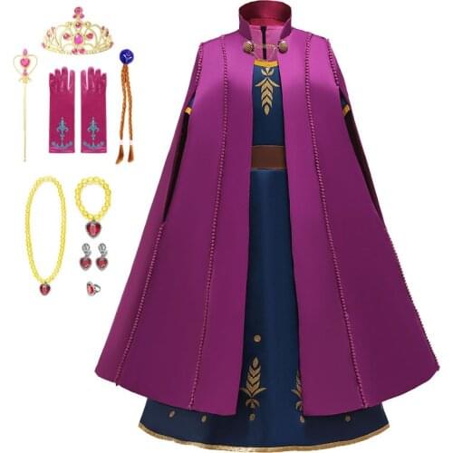 Frozen 2 Anna Princess Dresses Anna Costume with Cloak Snow Queen 2 Anna Dress Children Halloween Carnival Birthday Party Dress