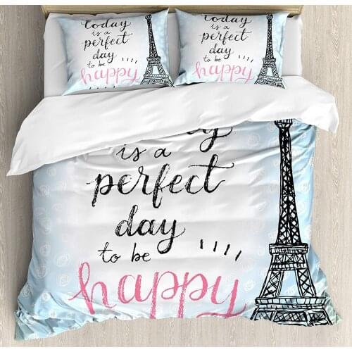 Eiffel Tower Duvet Cover Set Perfect Day Eiffel Tower Polka Dot Handwriting Typography Sketch Paris Print Decorative 3 Piece Bed