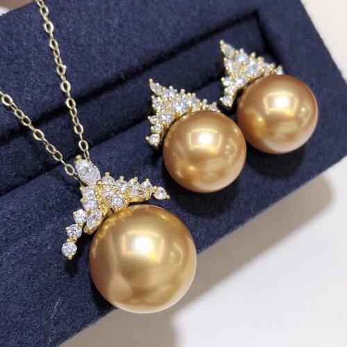 D809 Pearl Set Fine Jewelry 925 Sterling Silver Round 10-13mm Fresh Water Golden Pearls Jewelry Sets for Women Presents