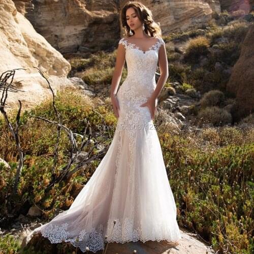 Lace Mermaid Wedding Dresses Scoop Cap Sleeves Sleeveless Illusion Court Train Vestido De Noiva Wedding Bridal Gowns Plus Size