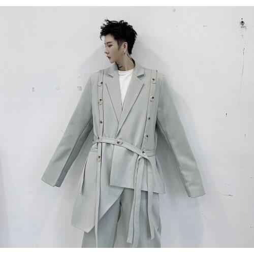 Mens Blazers Jacket Irregular Design With Strap Party Coat Beige White Black C12