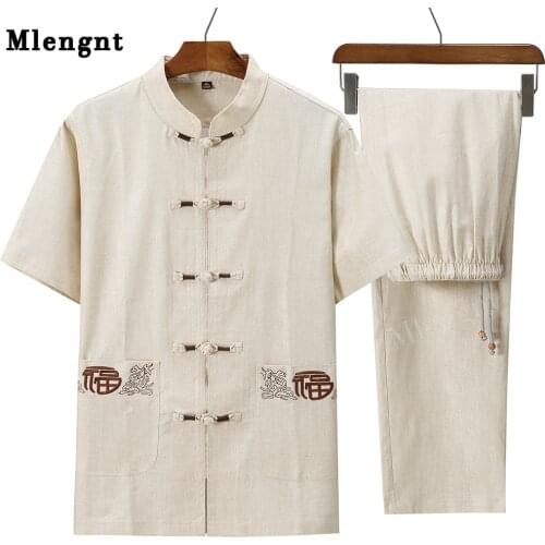 Men Clothing Linen Tracksuit Cool Breathable Summer T-shirt Set Elastic Waist Men Outfit Set Shorts Cotton Husband Two Piece Set