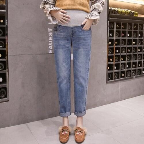 1901# Autumn Winter Fashion Denim Maternity Jeans Adjustable Belly Straight Pants for Pregnant Women Loose Pregnancy Trousers