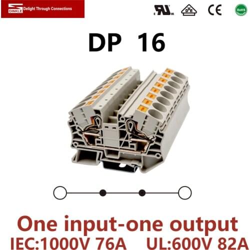 DINKLE DP16 Spring-cage Connection Feed-Through Wiring Return Pull Plug Wire Electrical Connector Din Rail Terminal Block ST 16
