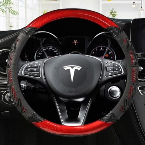 Luxury Leather+Carbon Fiber 38CM For Tesla Model 3 Model Y Model X Model S Car Steering Wheel Cover Interior Accessories