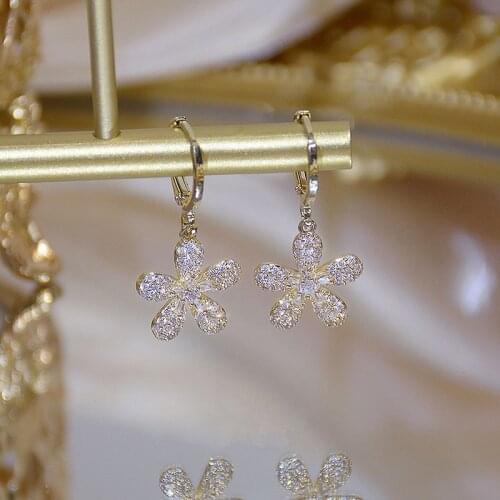 Luxury Shine 14K Real Gold Flower Earring for Women AAA Zircon Simple Cute Starfish Drop Earring Wedding Birthday Jewelry Gift