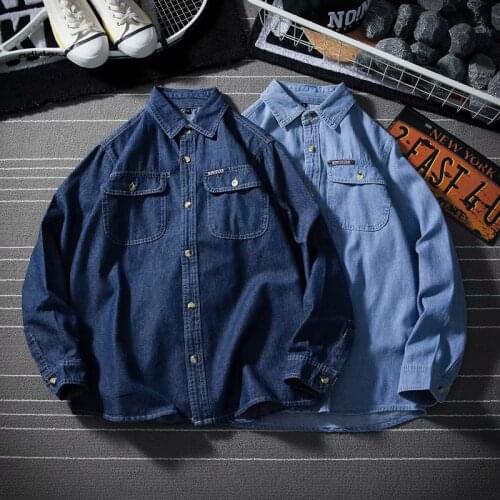 Japanese Denim Shirt Autumn Mens Long-sleeved Trend All-match Tooling Shirt Casual Thin Jacket Button Down Shirts for Men