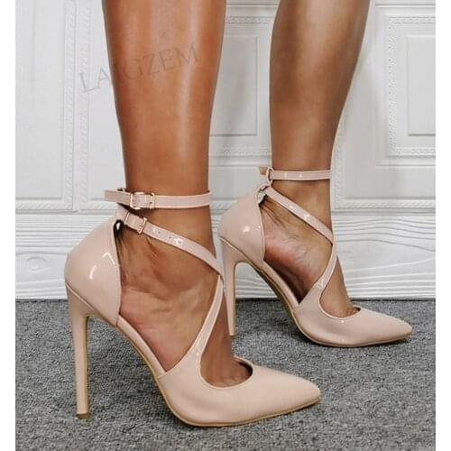 SEIIHEM Women Pumps Pointed Toe Slim High Heeled Sandals Cross Straps Summer Shoes Woman Party Club Prom Big Size 38 42 44 47