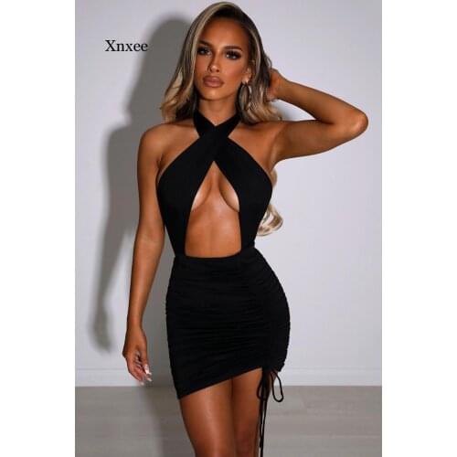 Sexy Women Hollow Out Bandage Cross Halter Party Dress Backless Sling Sleeveless Bodycon Skinny Clubwear Trend Outfit Clothing