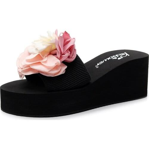 New Women Slippers Summer Platform Wedges Mid Heels Flowers Indoor Tie Peep Toe Fashion Slides Beach Outdoor Ladies Shoes hy459