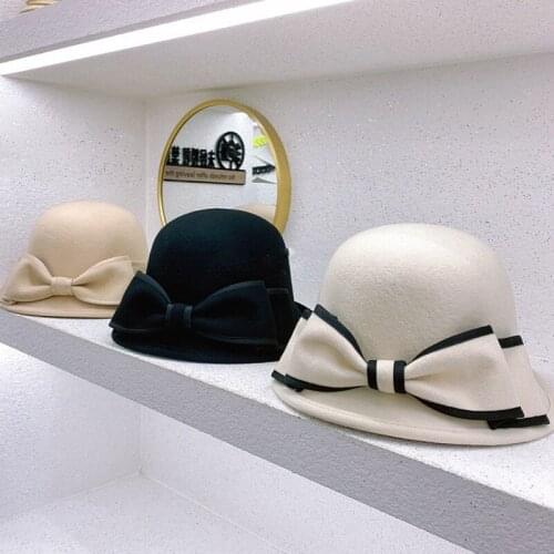 New 100% Wool Elegant Fedora Hat For Women Winter Wide Brim Top Hat Fashion Bowknot Wedding Church Basin Hat White Black Hat