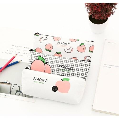 Lovely Peach Pencil Case Canvas Stationery Bag Zipper Pouch School Student Gift