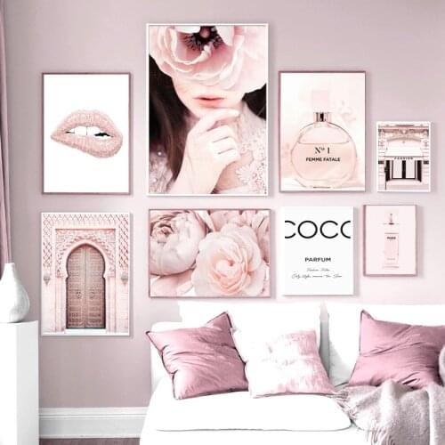 Nordic Fashion Girl Rose Perfume Lips Flower Door Poster Print Wallpaper Modern Living Room Room Decoration Illustration