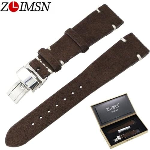 ZLIMSN Genuine Leather Watch Band 20mm Replacement Grey Brown Black Yellow Watch Strap Polished Stainless Steel Butterfly Buckle