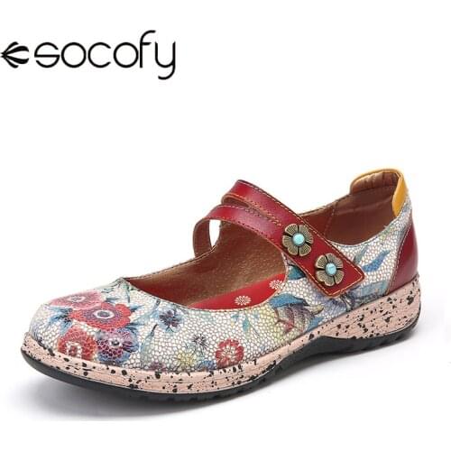 SOCOFY Comfy Round Toe Printed Leather Retro Metal Flower Decor Hook Loop Casual Flats Loafers Mary Jane Shoes Loafers Sandals