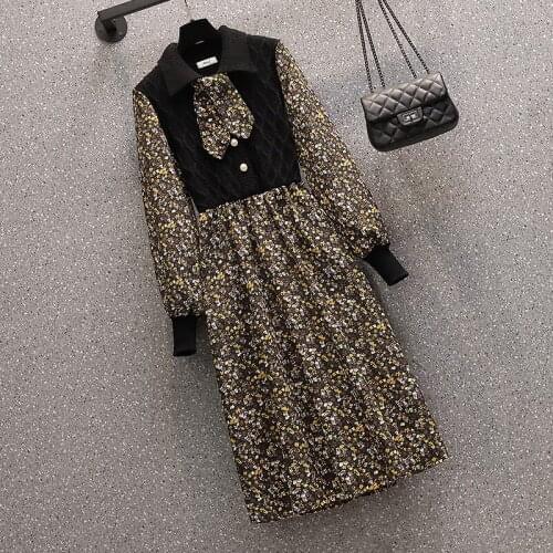 Corduroy Vintage Dresses for Women Patchwork Knitted Floral Vestidos Slim Thicked Robe 2020 Korean Plus Size Chic Female Dress