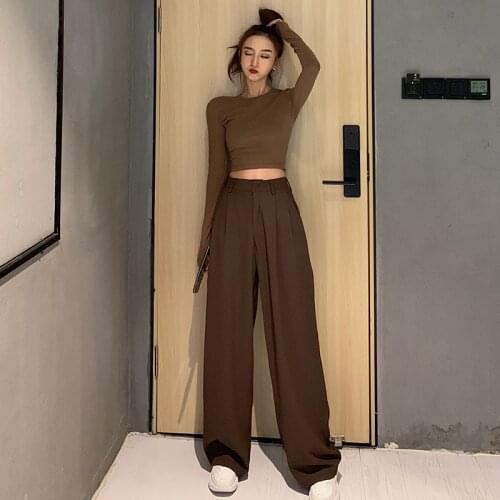 Whcw Cgdsr Loose Korean Winter Solid Autumn Fashion Office 2020 Suit Casual Wide Leg Straight Pant High Waist Trousers Women