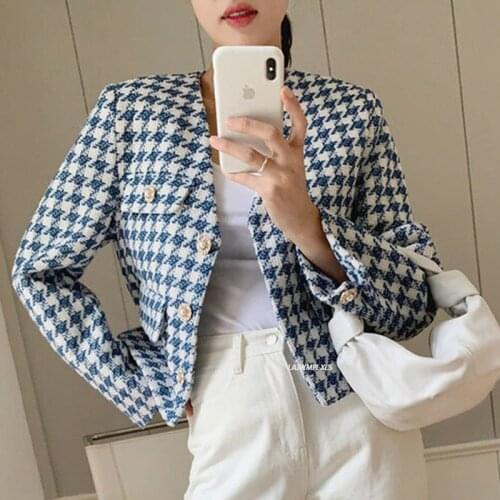 2021 New Womens Houndstooth Short Jackets Fall Korean Elegance V-neck Straight Loose OL Females Coats Casual Outwear Tops