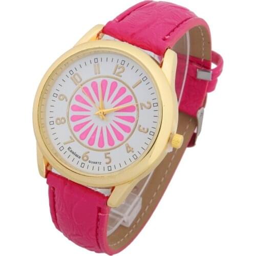 Gnova Platinum Women Watch PU Leather Quartz Wristwatch Casual Dress Geneva Style Japanese Flower Big golden dial hours A426