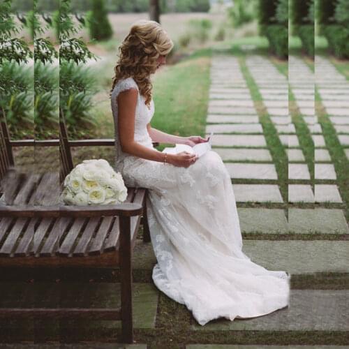 2018 Modest Lace bridal gown Capped V-neck Hollow Back Chapel Train China vestido de noiva renda mother of the bride dresses