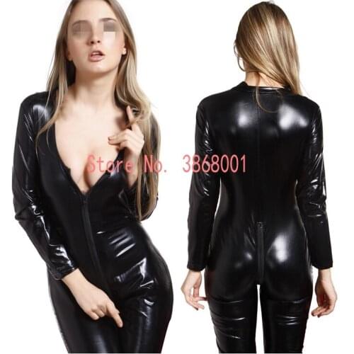 Shiny Metallic Catsuit Sexy women Lady Leotard jumpsuit No Hood Front double Zipper to the Hip