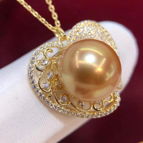 D915 Pearl Pendant Fine Jewelry Gold Filled Round 10-11mm Sea Water Golden Pearls Pendants Necklaces for Women Presents