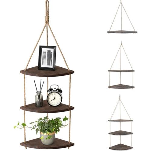 1/2/3 Layers Retro Rope Wood Hanging Rack Corner Wall Shelf House Storage Organizer Ladder Floating