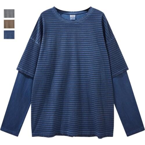 Fake Two-piece T Shirt Striped Oversized Black White Long Sleeve Top 2021 Korean Style Fashion Loose Mens And Womens Clothing