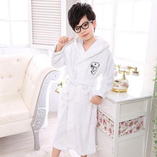 Hooded Bathrobe Kids Winter Towel Fleece Child Bathrobe Girls Robe Cotton Lovely Dressing Gown Kids Sleepwear with Belts White