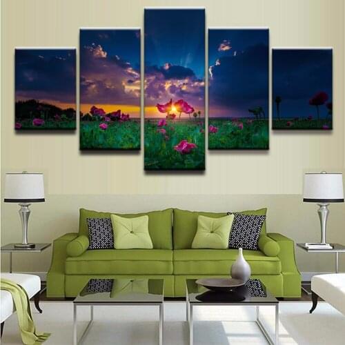 Canvas Oil Painting Home Decor Frame Wall Art Picture 5 Panel Pink Flowers In The Natural Sunlight For Living Room Print Poster
