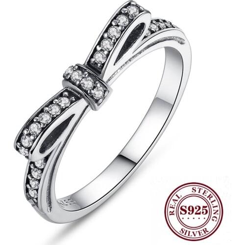 Fashion Valentines Day Authentic 100% 925 Sterling Silver Bow Knot Wedding Ring With Crystal Original Jewelry