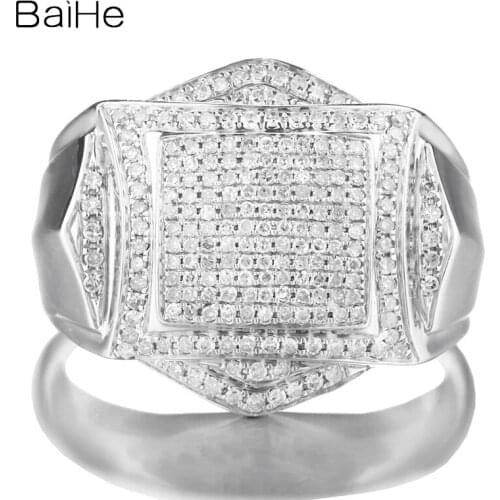 BAIHE Solid 14K White Gold 0.88CT H/SI Round Natural Diamonds Wedding Gift Men Ring Casual/Sporty Fine Jewelry Diamond Ring
