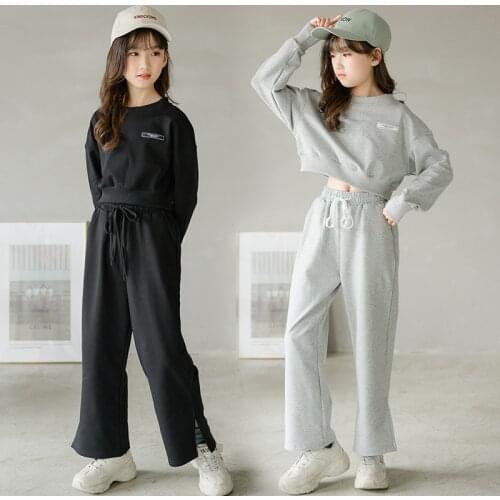 Girls Navel-bearing Set 2021 Spring Children Long-sleeved Sports Teen Girls Split Wide-leg Pants + Short Loose Sweater 2PCS