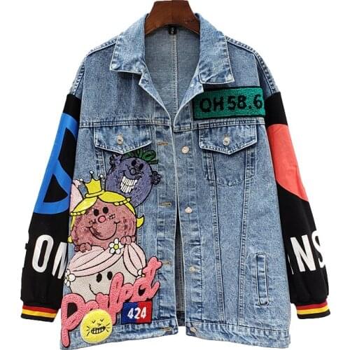 Streetwear Fashion Cartoon Sequins Chic Denim Jackets Women Loose Long Outerwear Patchwork Long Sleeve Jeans Jacket Coats Female